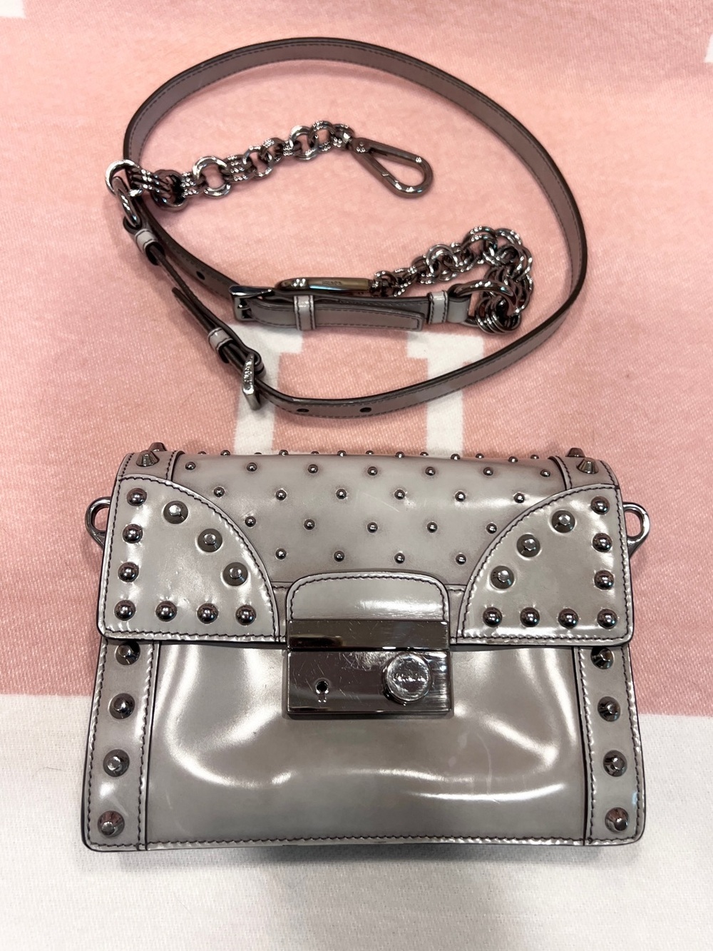 Prada⭐️Patent Leather small Studded Crossbody/Shoulder Bag in Silver/Gray